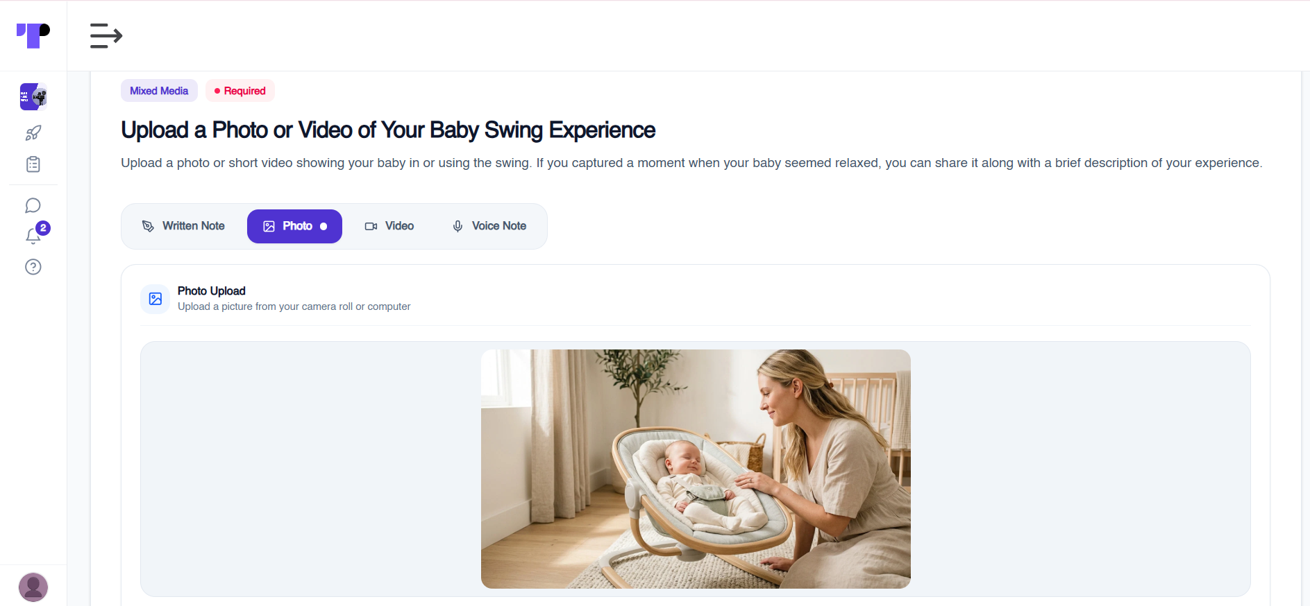 Participant uploading a photo of their baby in a baby swing as a multimedia journal entry in Terapage