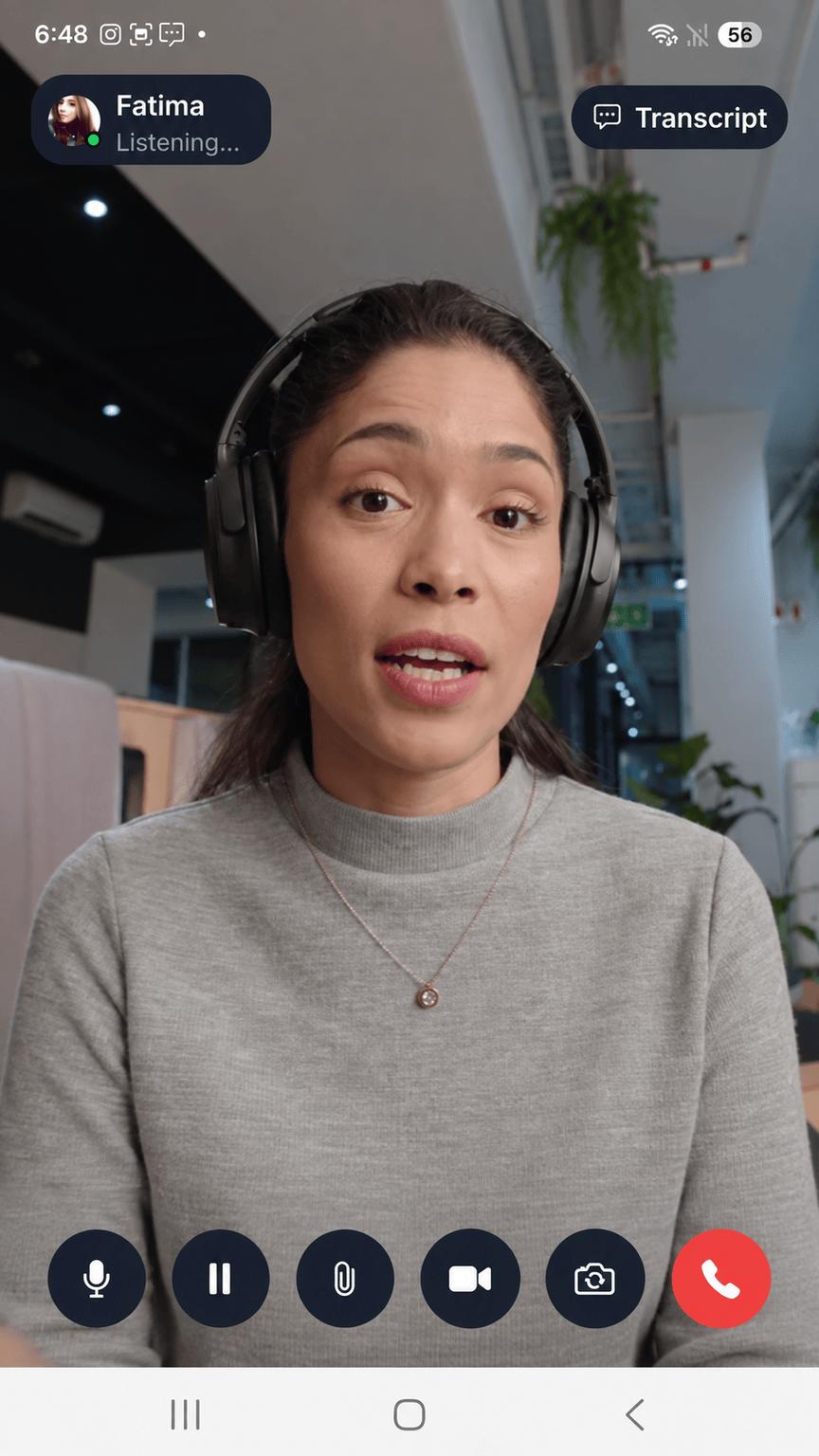 Participant wearing headphones answering a video-based AI-moderated interview on a mobile phone