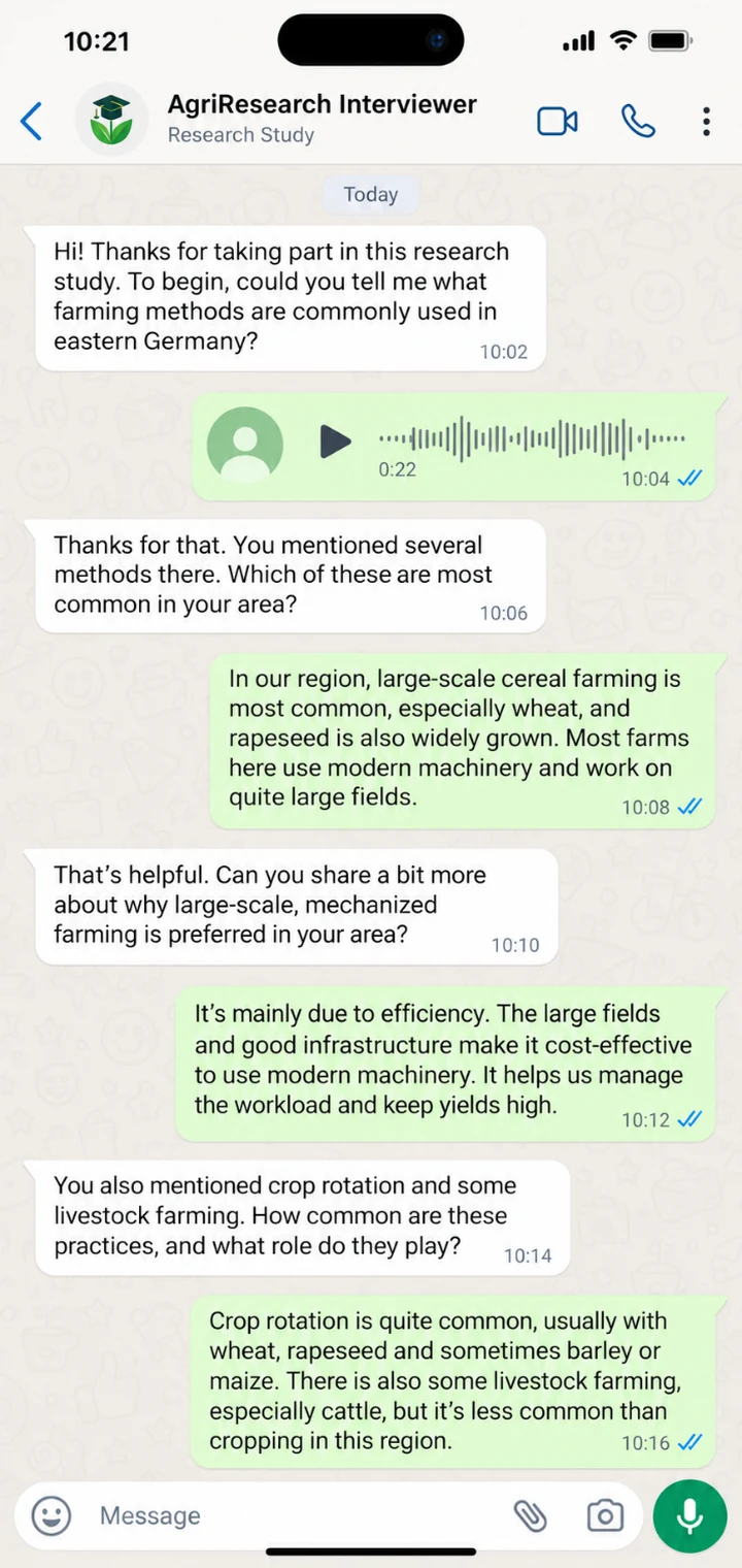 Participant replying with a voice note during a WhatsApp AI-moderated interview