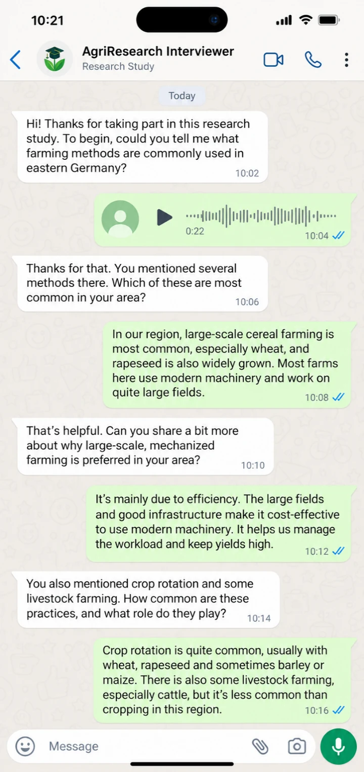 Participant chatting with an AI research interviewer on WhatsApp about farming methods during an AI-moderated interview
