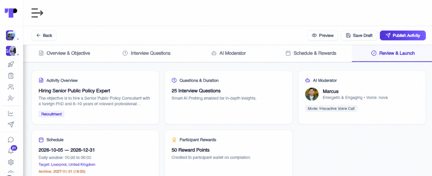 Review and launch screen summarising the activity overview, interview questions, AI moderator and schedule of an AI screening interview