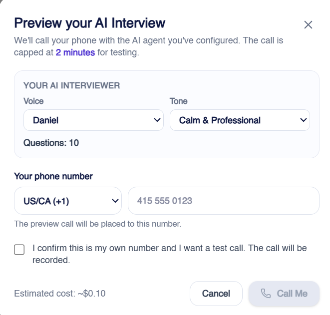 Preview your AI interview screen where a recruiter sets the AI interviewer voice and tone and requests a test call