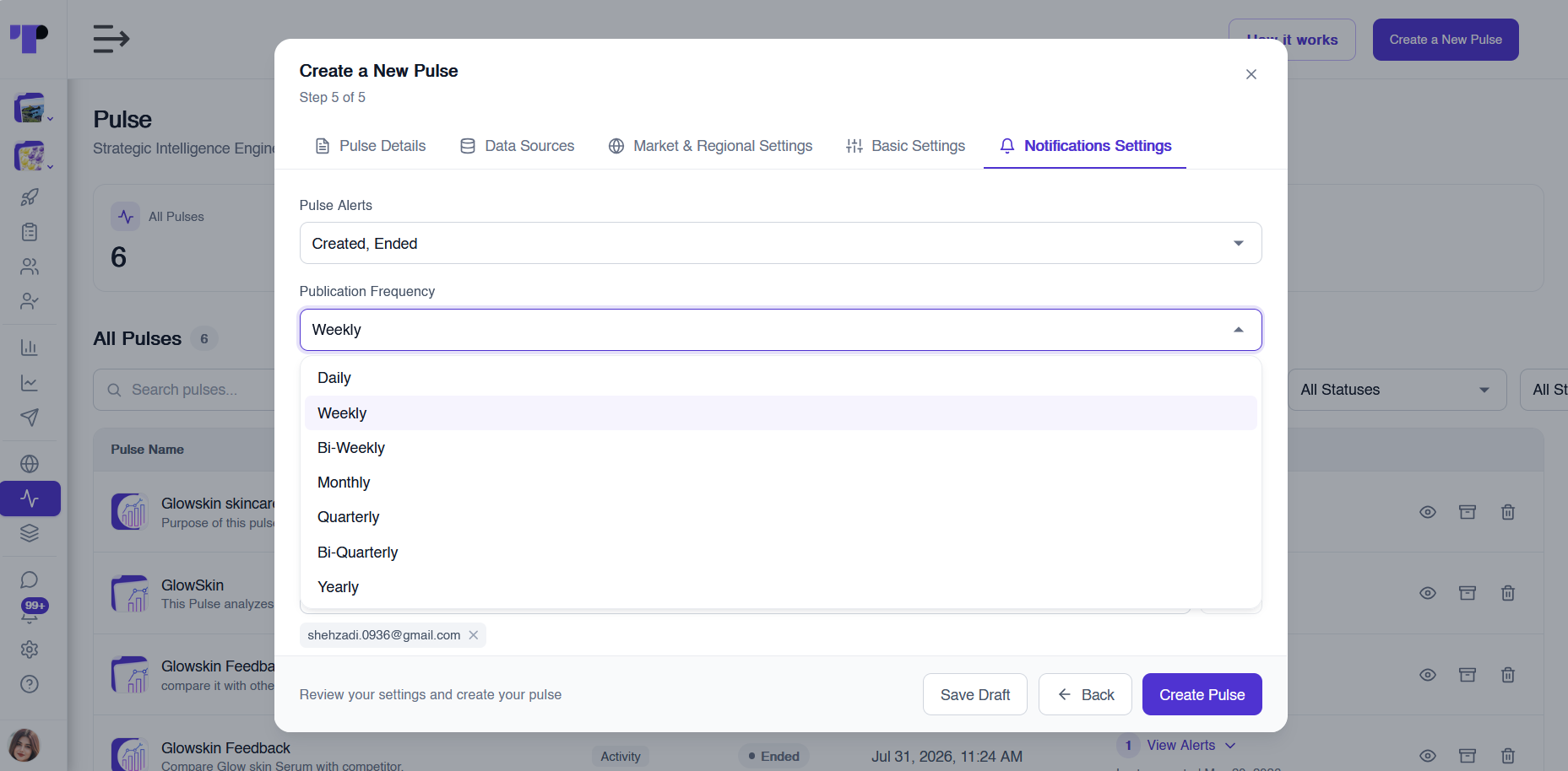 Pulse notification settings with alert triggers, publication frequency and report recipients