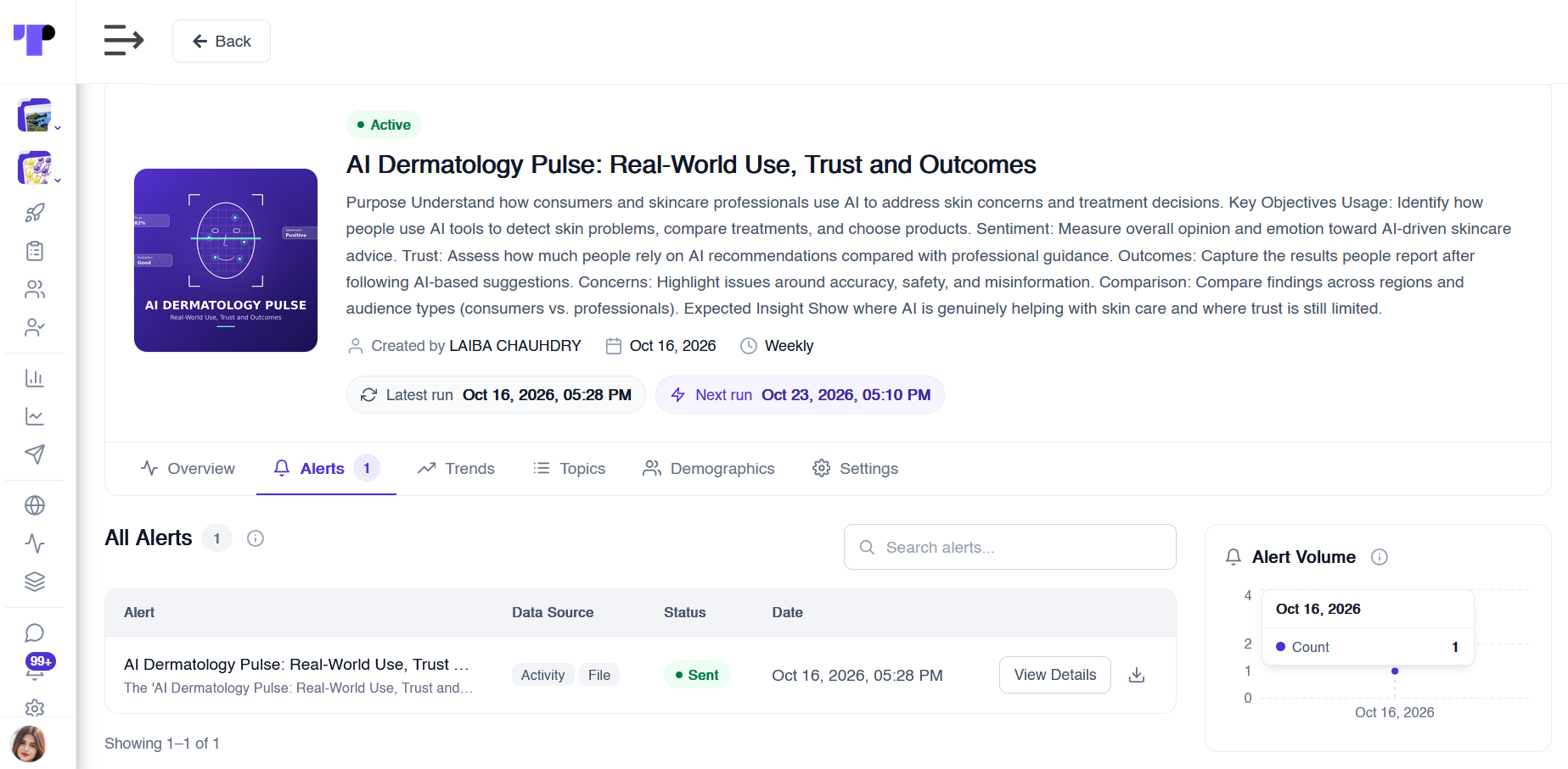 Pulse Alerts tab listing an alert with data source, sent status and date, next to an alert volume chart