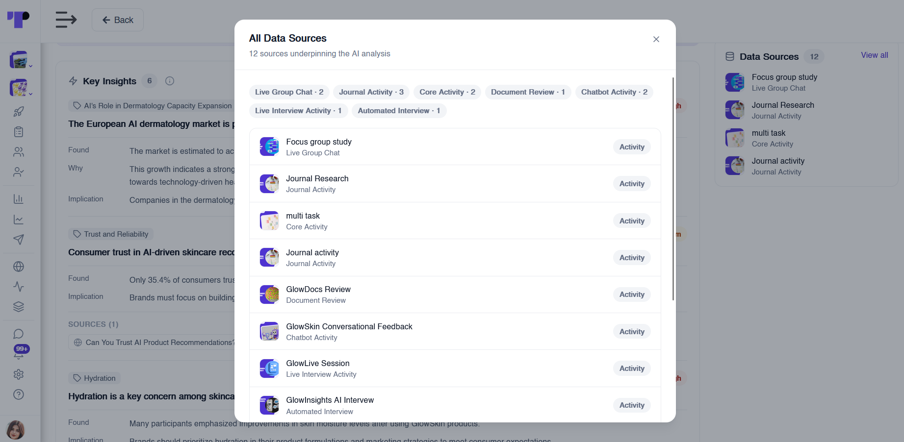 All Data Sources panel listing the research activities underpinning a Pulse AI analysis