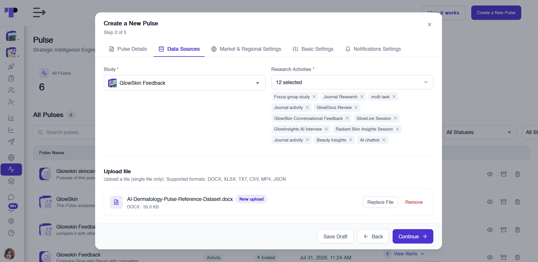 Pulse connected to twelve research activities with an uploaded DOCX reference dataset