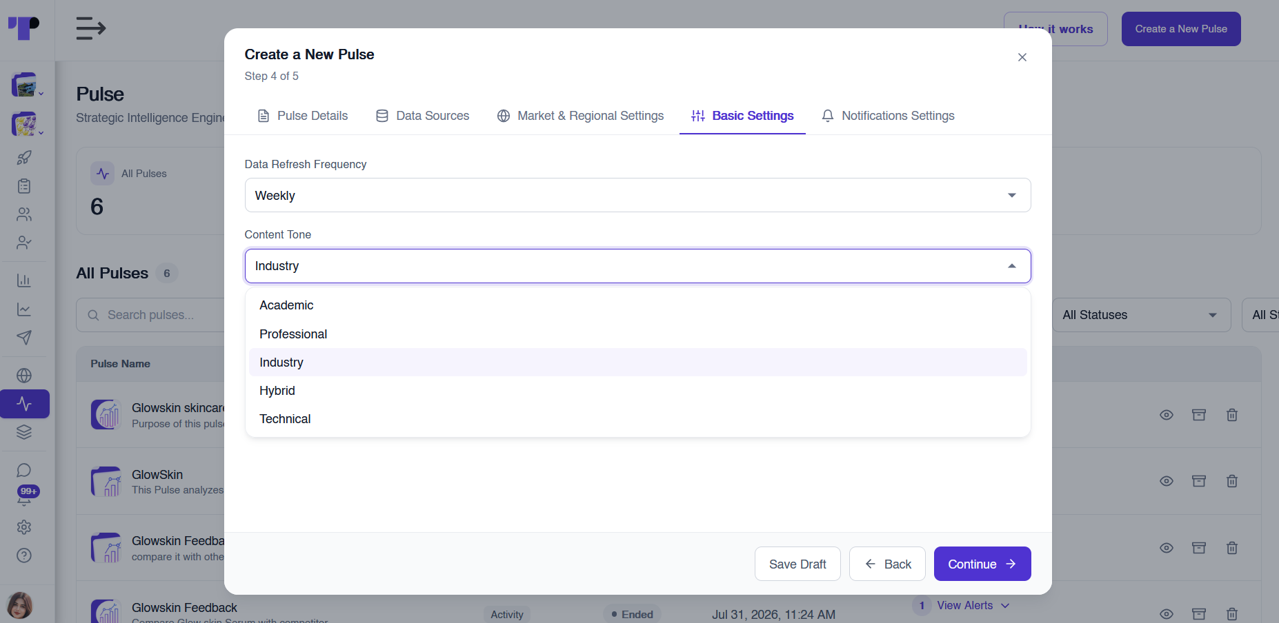 Pulse content tone options academic, professional, industry, hybrid and technical