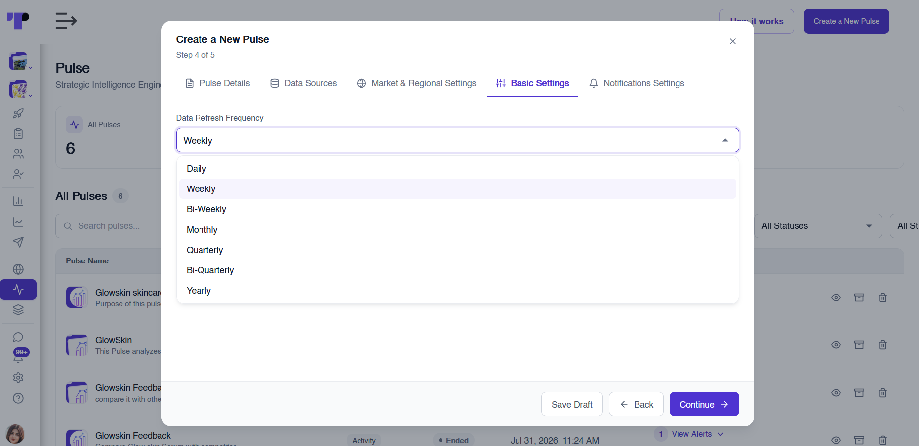 Pulse data refresh frequency options from daily and weekly to quarterly and yearly