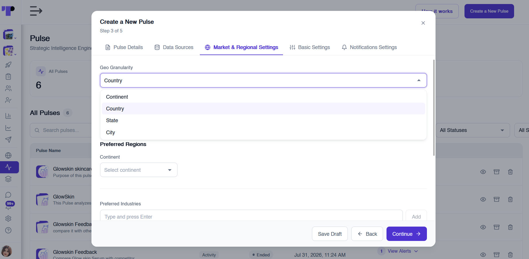 Pulse market and regional settings with geo granularity options continent, country, state and city