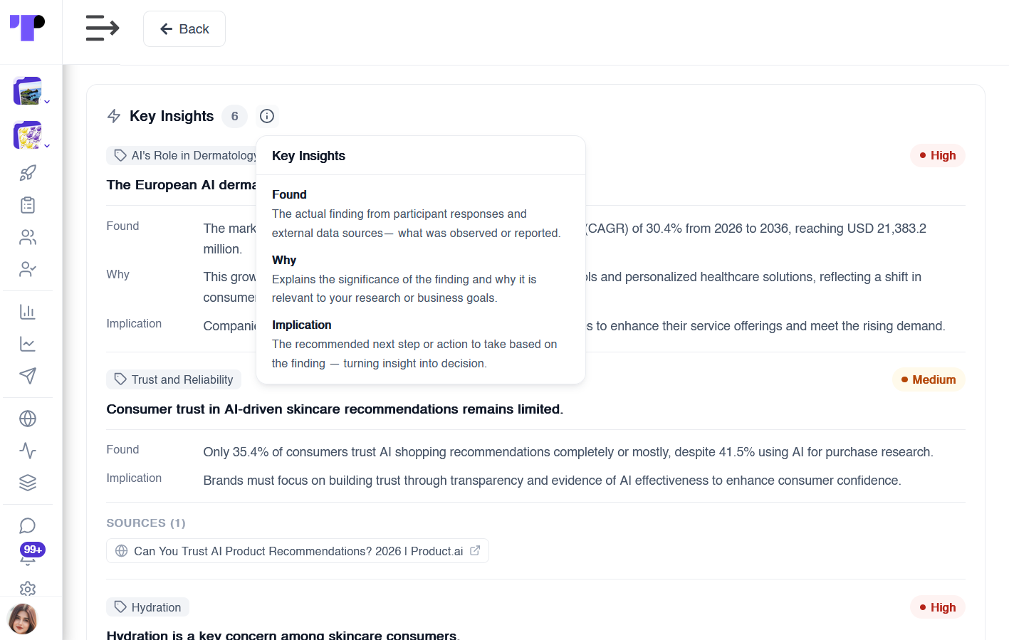 Pulse key insights with found, why and implication fields and High or Medium priority labels
