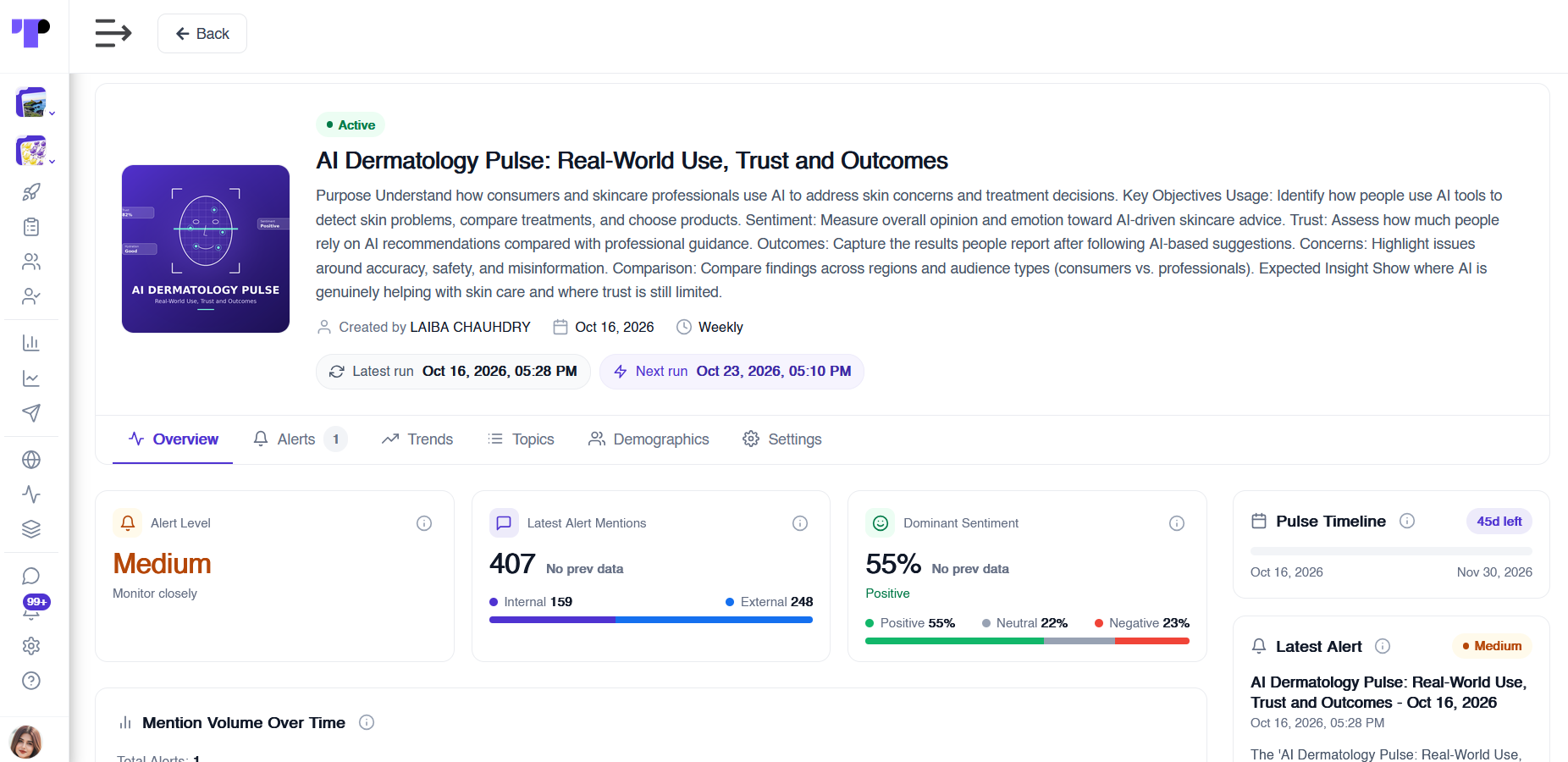 Pulse overview with a Medium alert level, 407 internal and external mentions, dominant positive sentiment and Pulse timeline