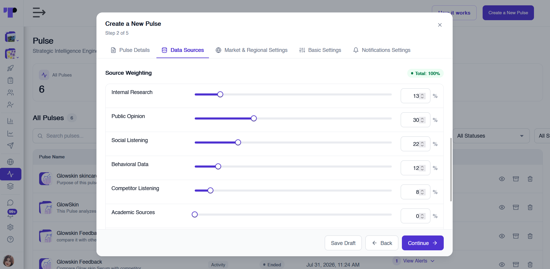 Pulse source weighting sliders for internal research, public opinion, social listening, behavioural data, competitor listening and academic sources totalling 100%