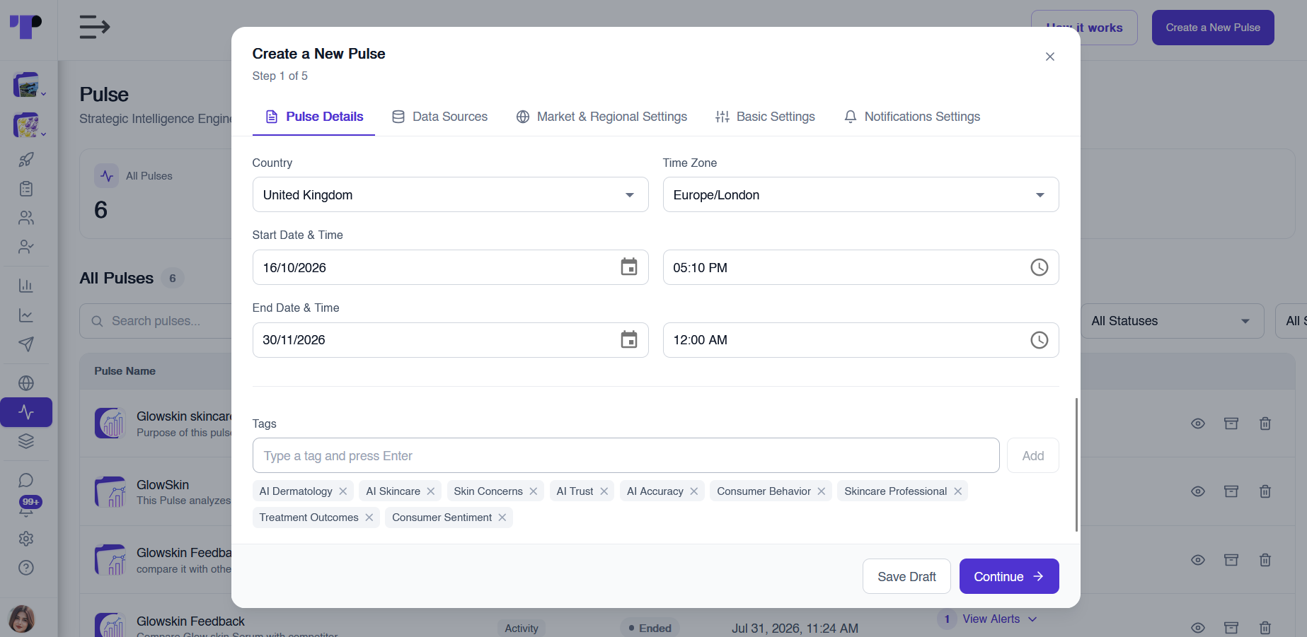 Pulse details with country, time zone, start and end date and topic tags such as AI dermatology and skincare