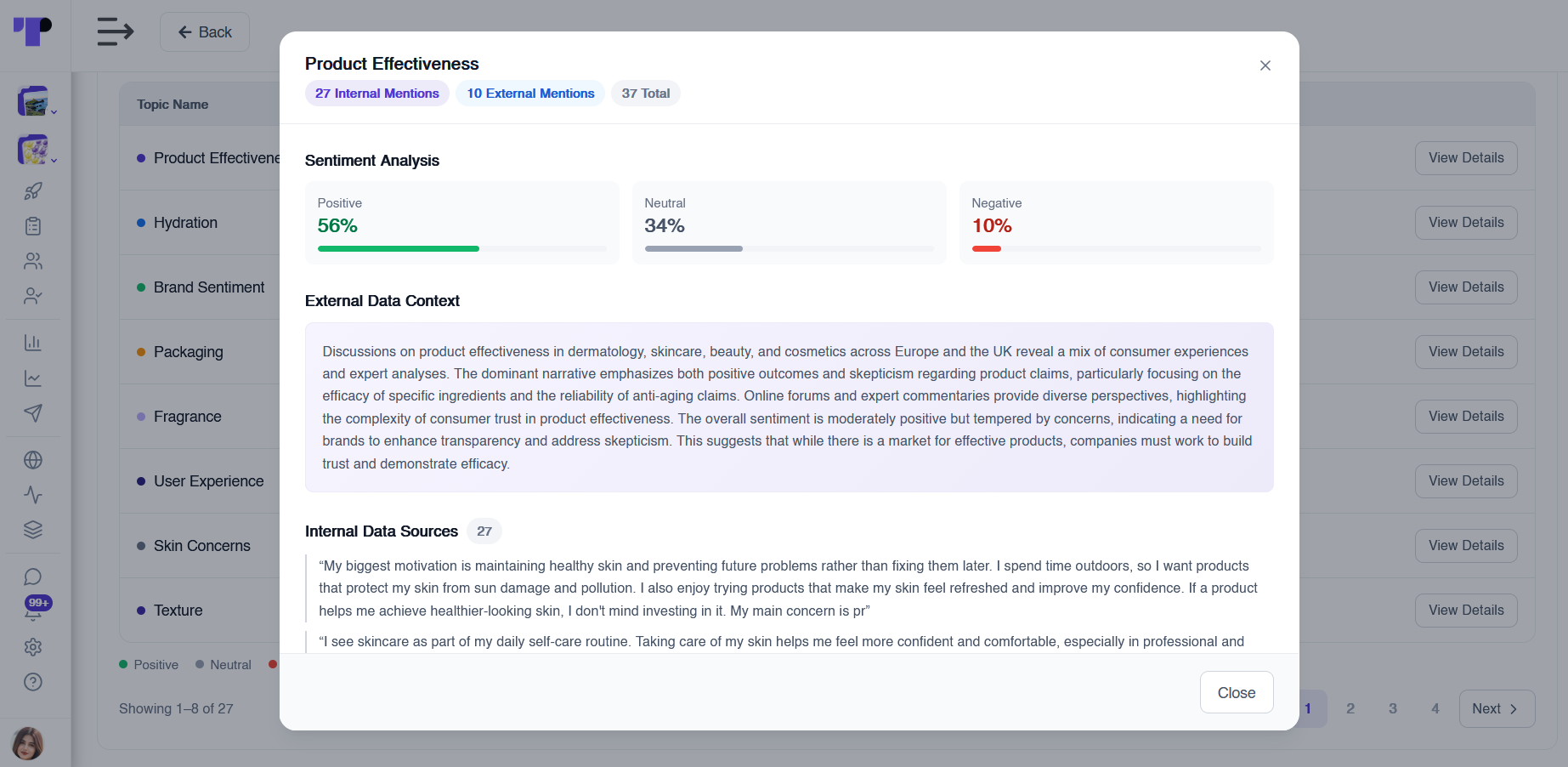 Pulse product effectiveness topic with positive, neutral and negative sentiment, external data context and internal participant quotes