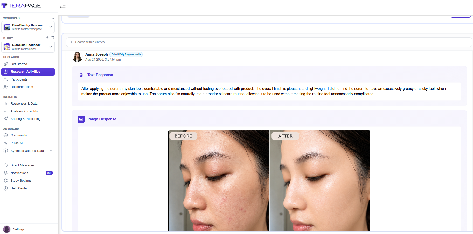 Real participant response combining written feedback with before-and-after images in a hybrid study