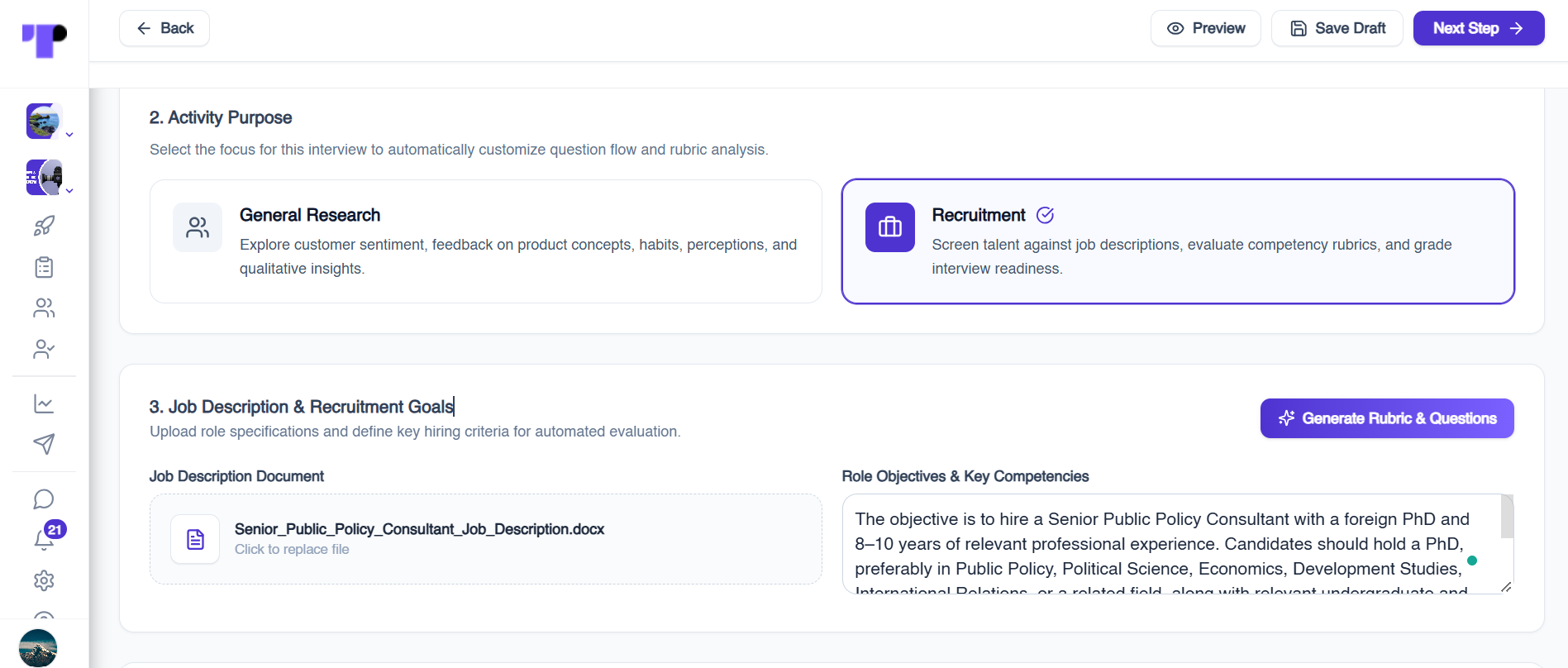 Setting the recruitment purpose, uploading a job description and defining role objectives for an AI-moderated telephone interview