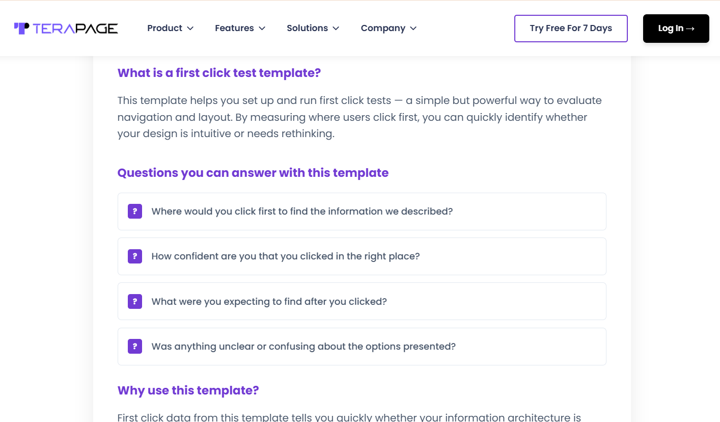 First click test template details page on the Terapage website showing the questions the template answers and why to use it