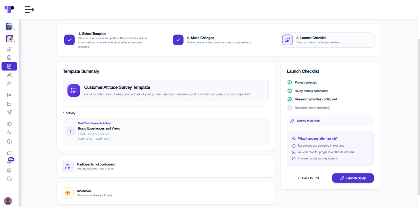 Template summary and launch checklist in Terapage for a customer attitude survey template, with a Launch Study button