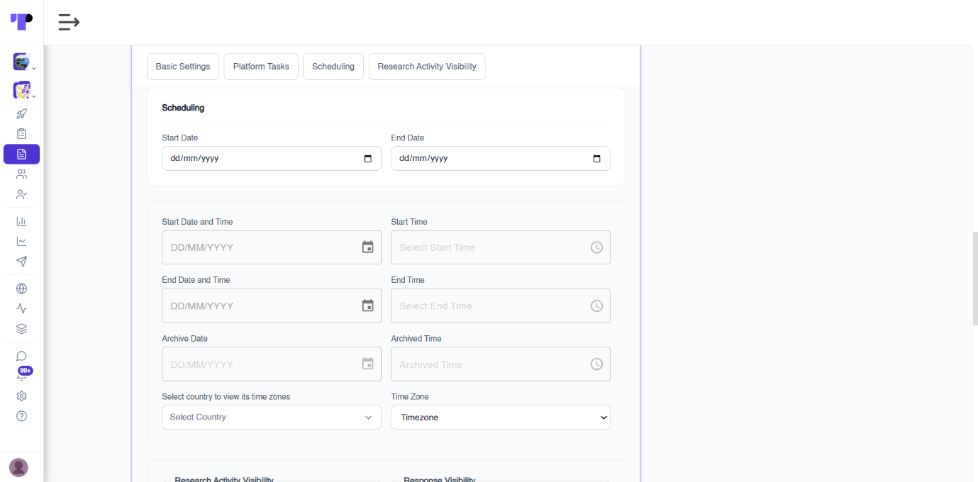 Scheduling tab in Terapage research template customisation with start date, end date, archive date, country and time zone fields