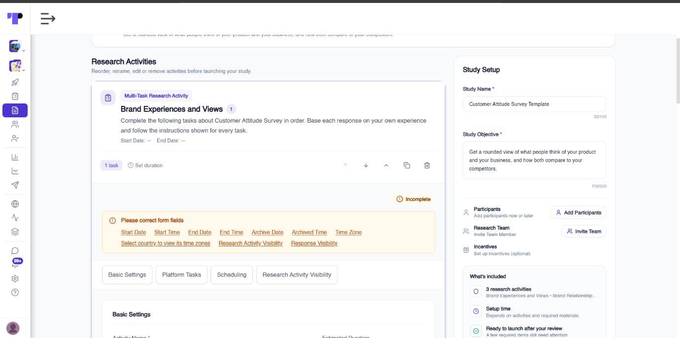 Terapage research template customisation with research activities and study setup fields for study name and study objective