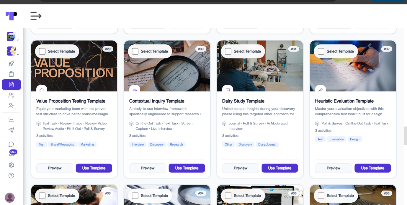 Terapage research templates library showing value proposition testing, contextual inquiry, diary study and heuristic evaluation templates