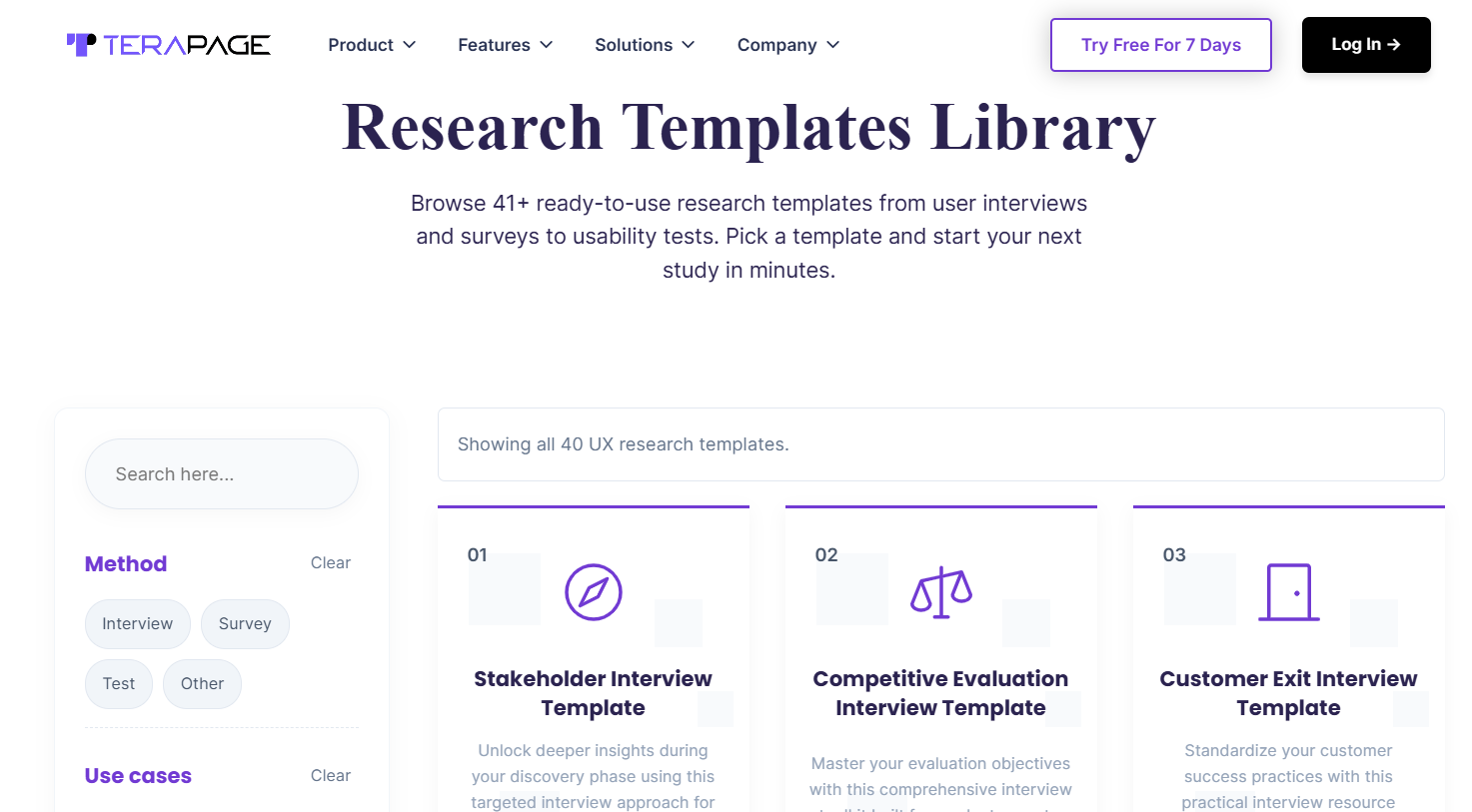 Research Templates Library on the Terapage website with ready-to-use stakeholder, competitive evaluation and customer exit interview templates