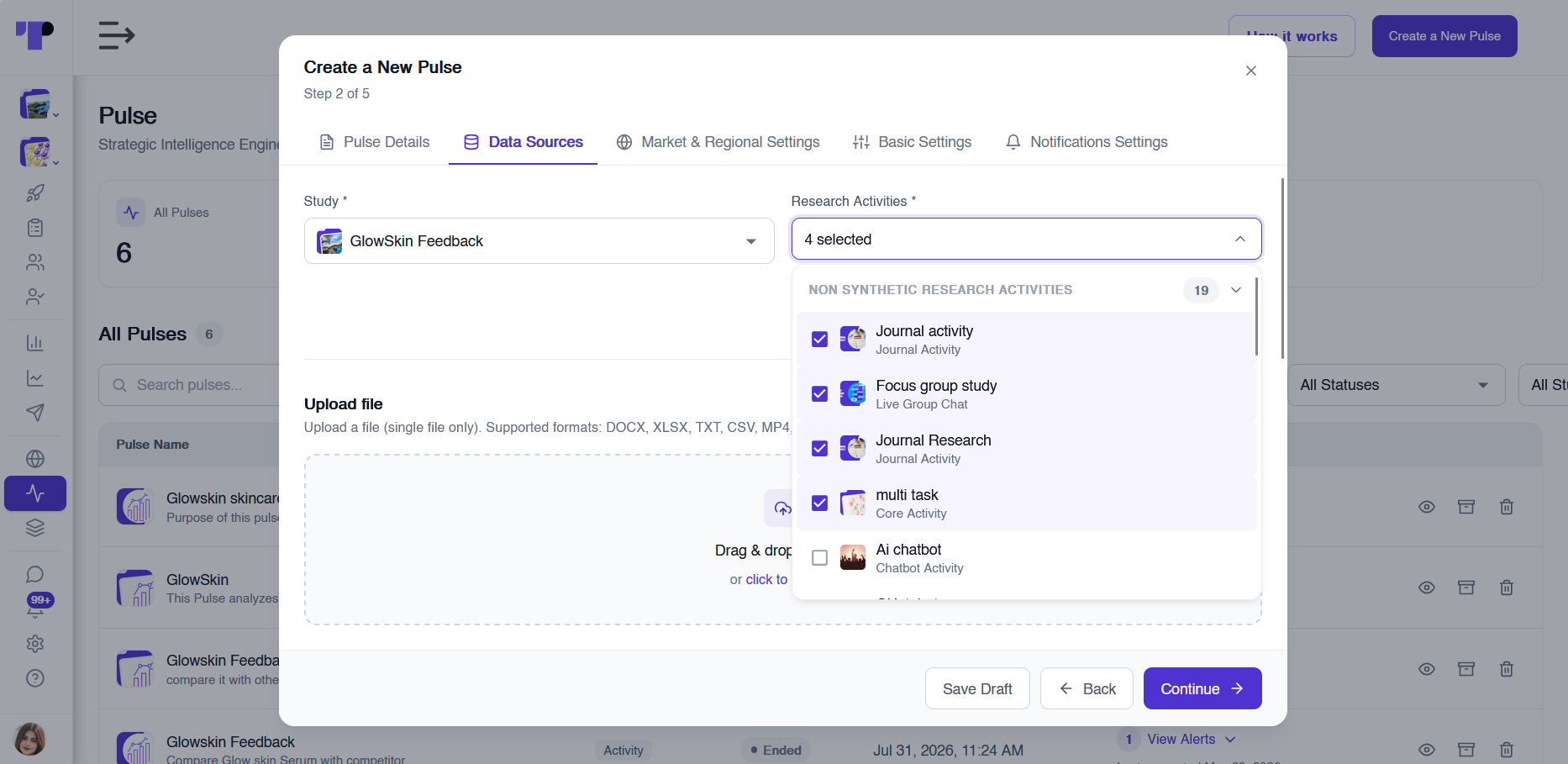 Pulse data sources step with a study selected and journal, focus group and multi-task research activities ticked