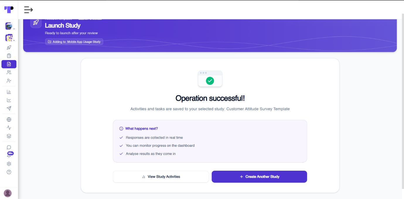 Operation successful screen in Terapage confirming a study was created from a customer attitude survey template