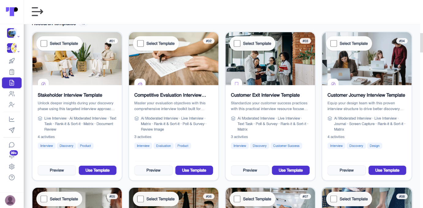 Survey-based research templates in Terapage filtered for customer research, including stakeholder, competitive evaluation and customer journey templates