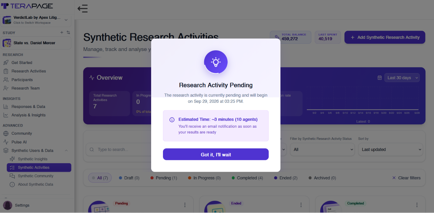 Synthetic research activity pending notice showing an estimated time of about three minutes for ten AI agents