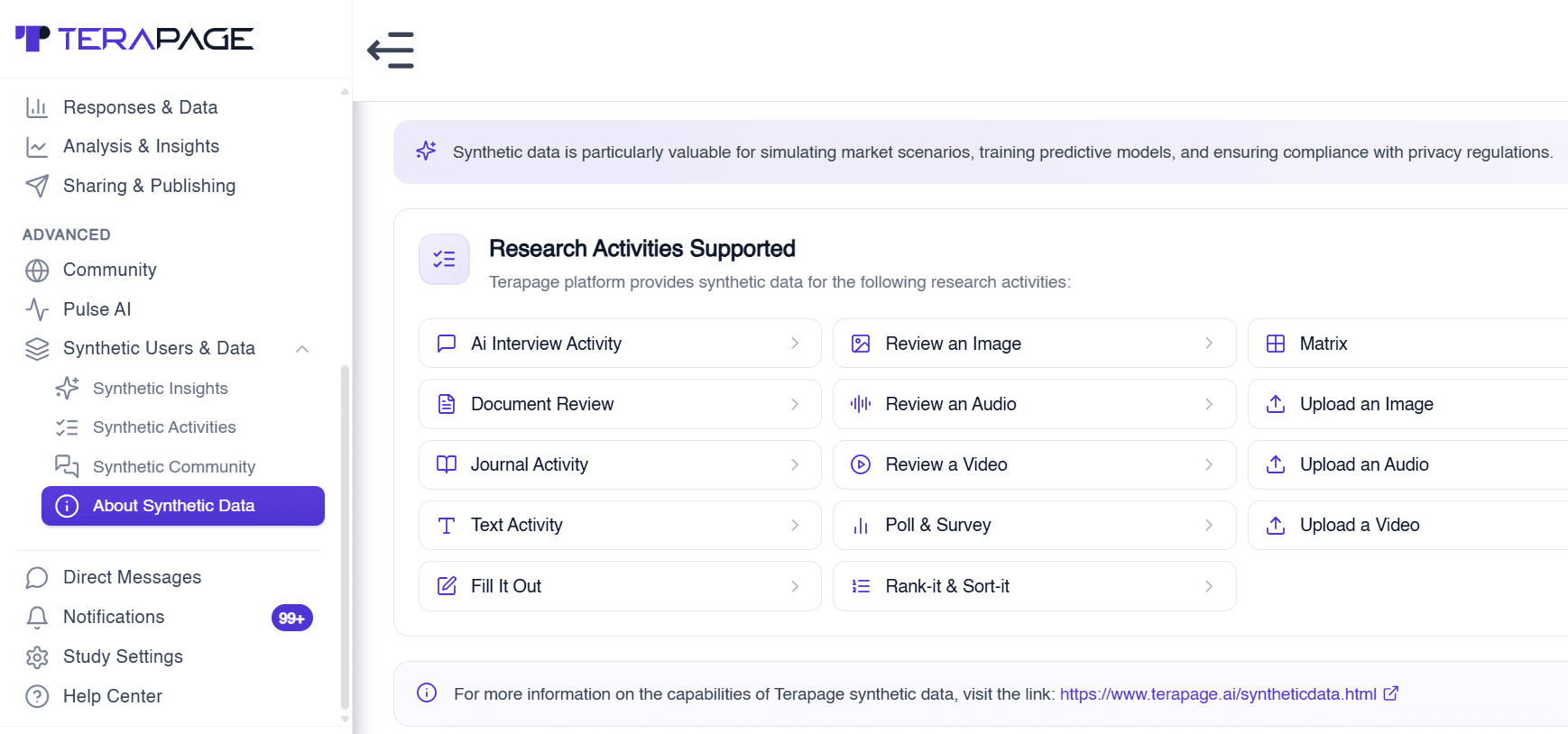 List of research activities that support synthetic data on Terapage