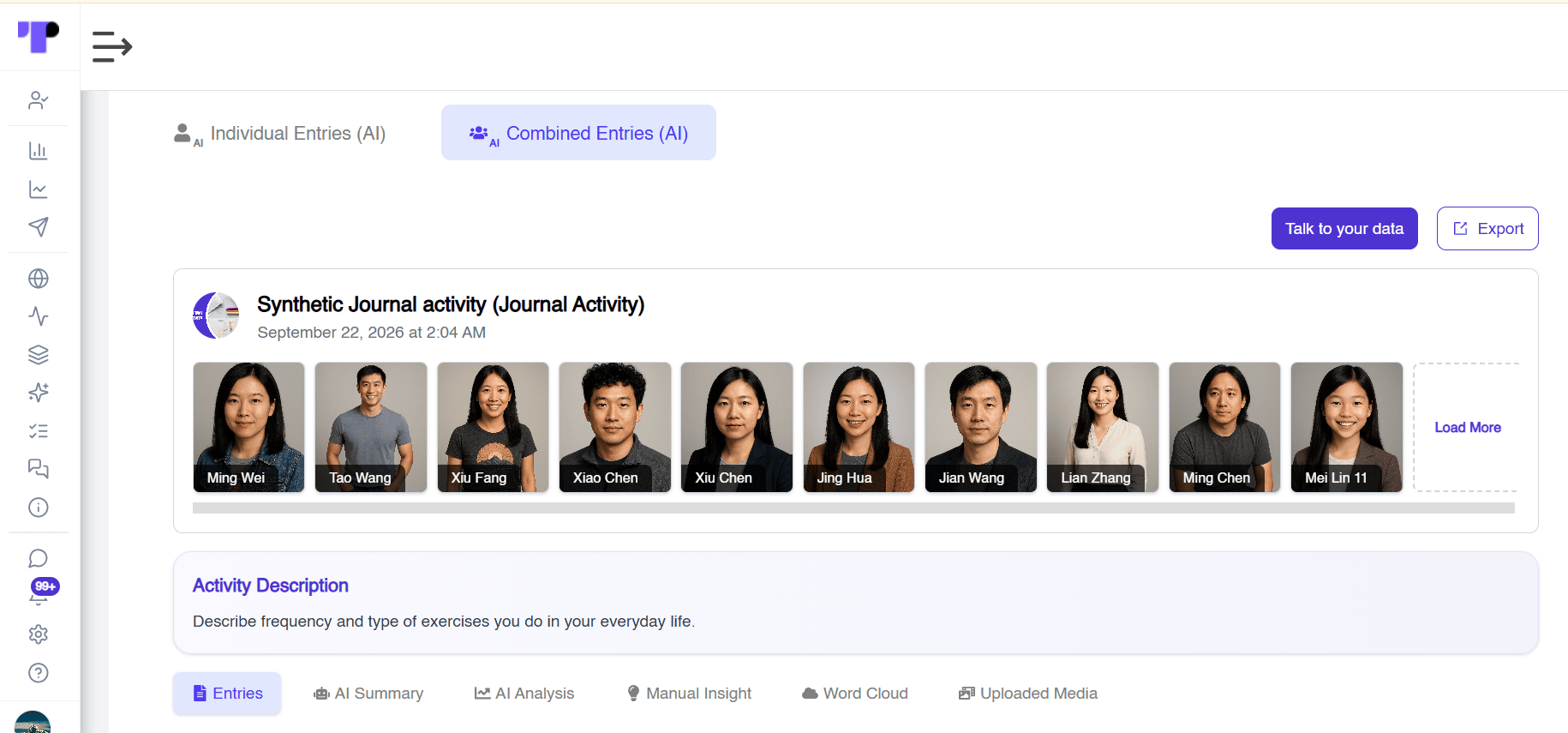 Synthetic journal activity completed by AI personas with individual and combined AI-generated entries