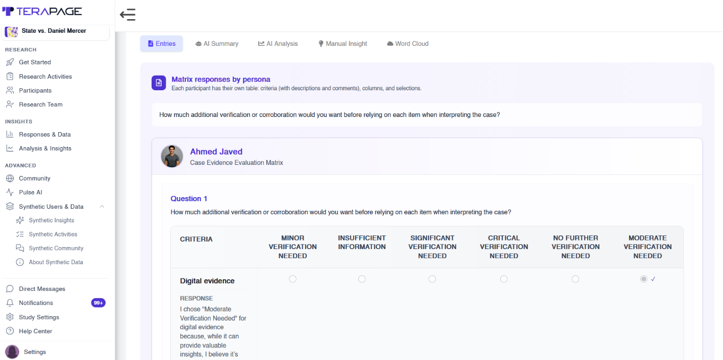 Synthetic matrix activity showing an AI persona's rating selection and written explanation