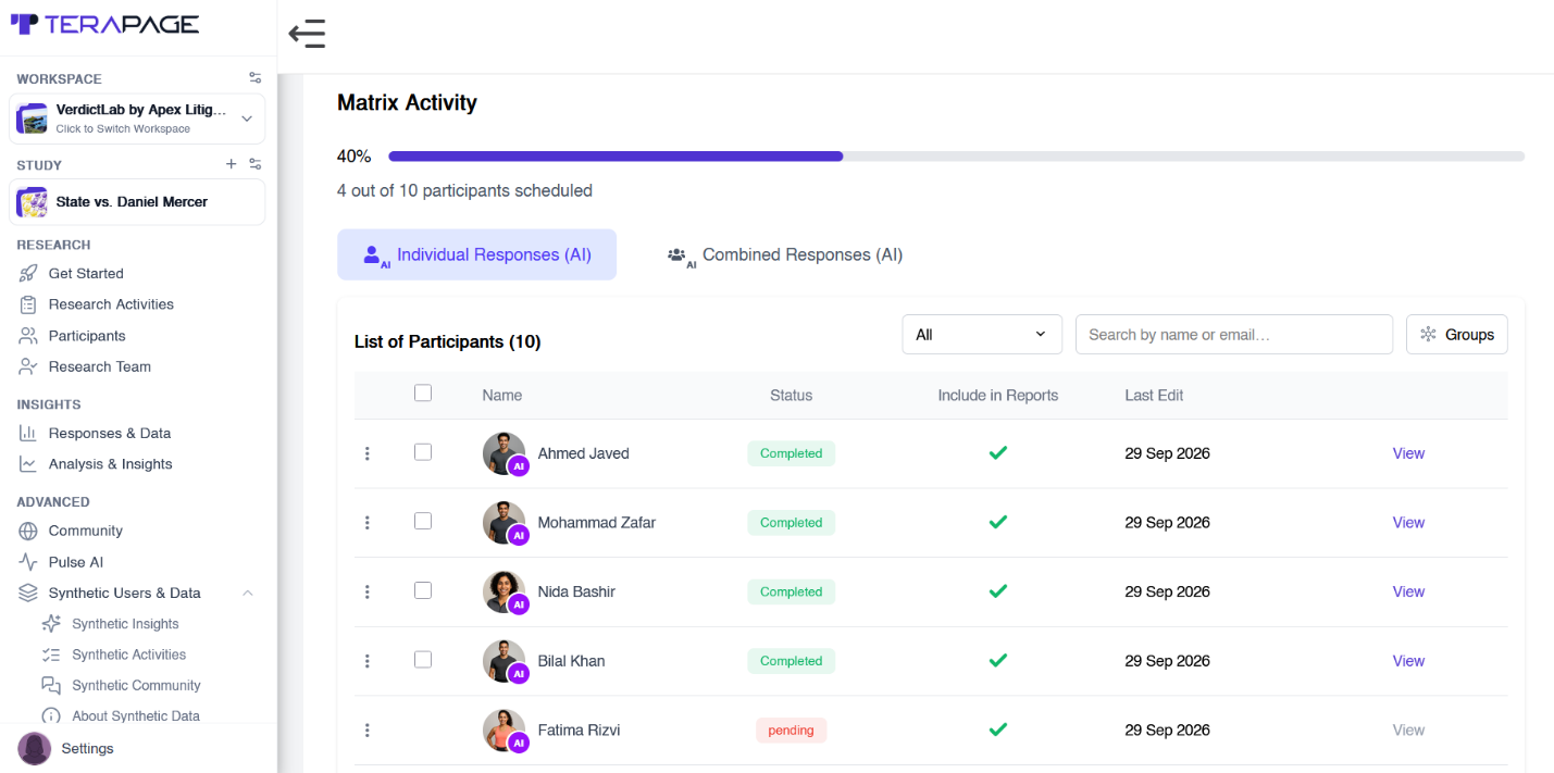 List of AI synthetic participants with completion status and include-in-reports controls