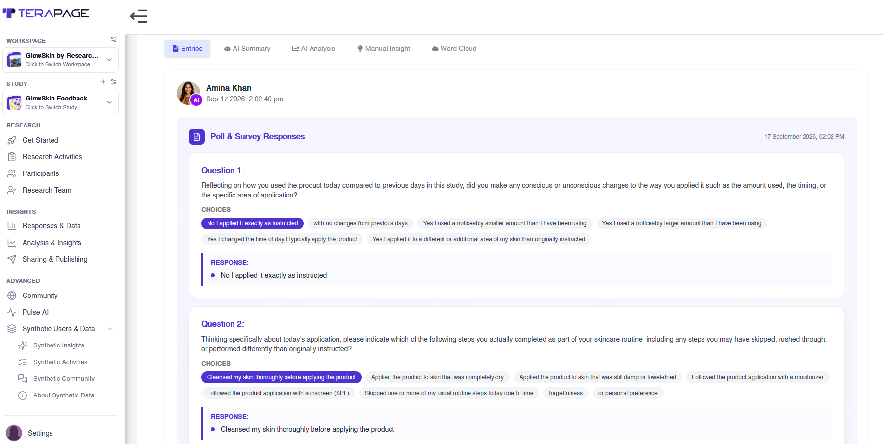AI persona's poll and survey responses showing structured quantitative answers