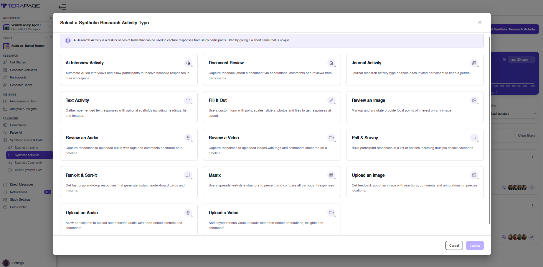 Gallery of synthetic research activity types including AI interview, journal, document review, poll, matrix and rank-it