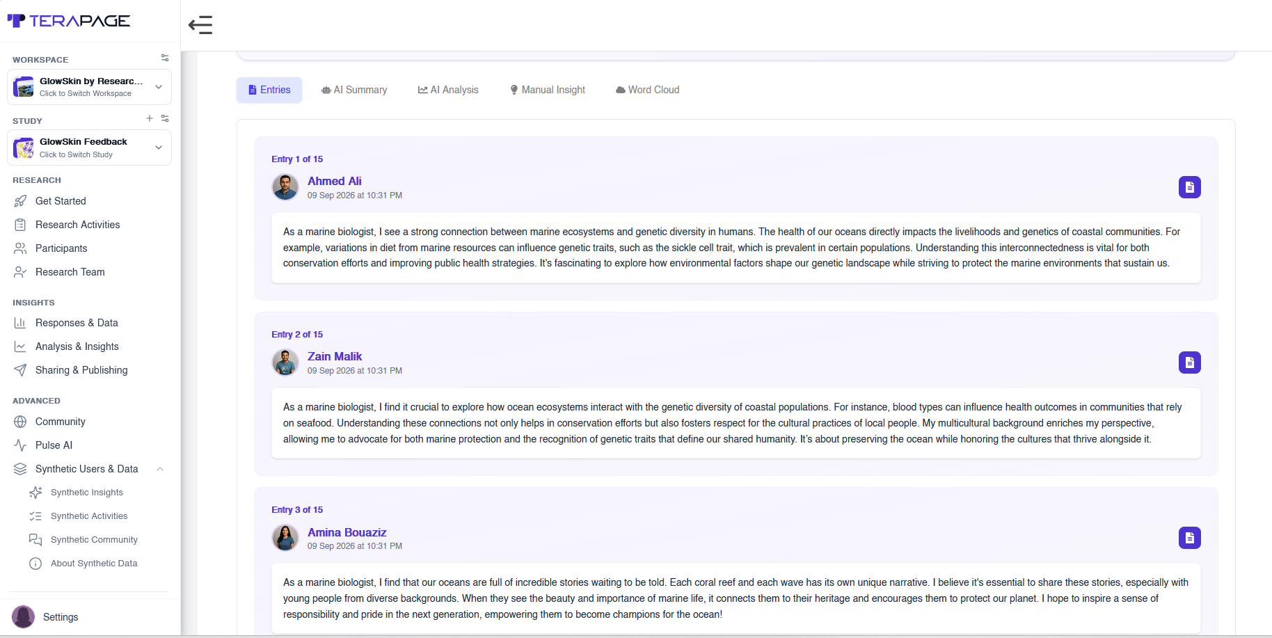 Synthetic text responses written by AI personas, each from the perspective of its own profile