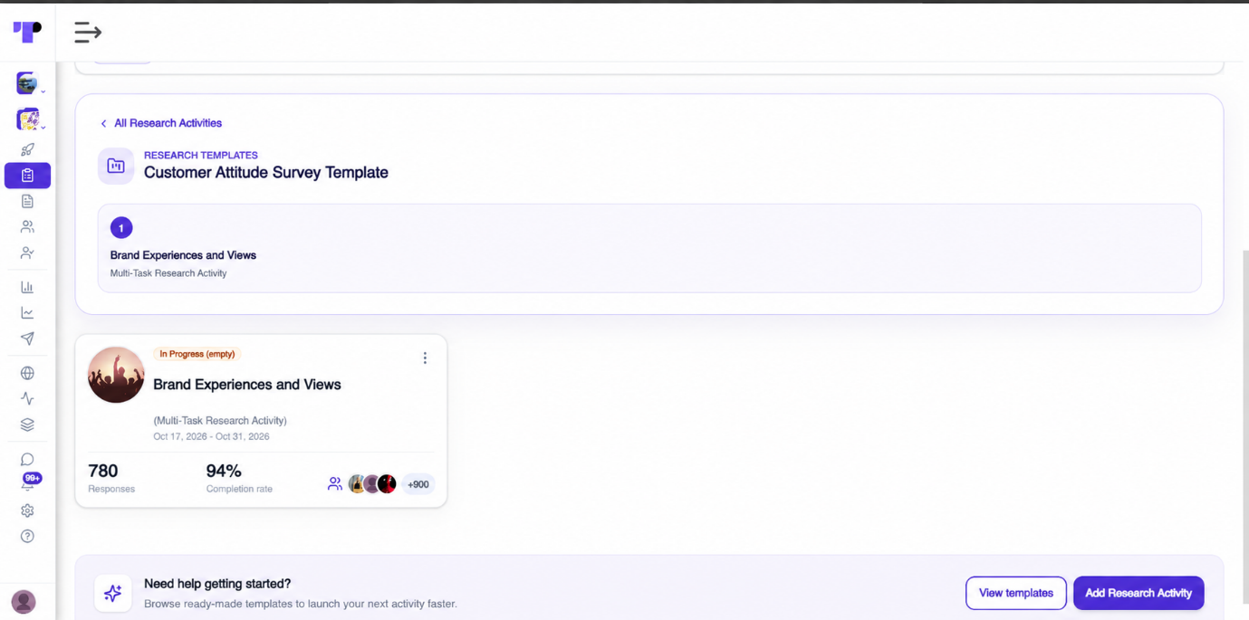 Customer attitude survey template study in Terapage showing 780 responses and a 94% completion rate