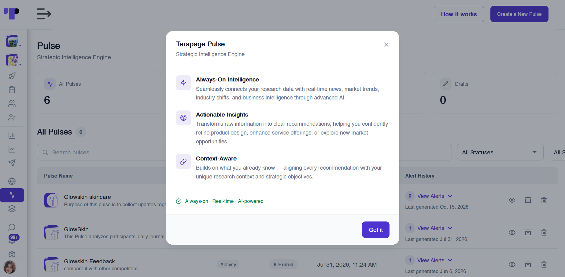 Terapage Pulse Strategic Intelligence Engine pop-up explaining always-on intelligence, actionable insights and context-aware analysis