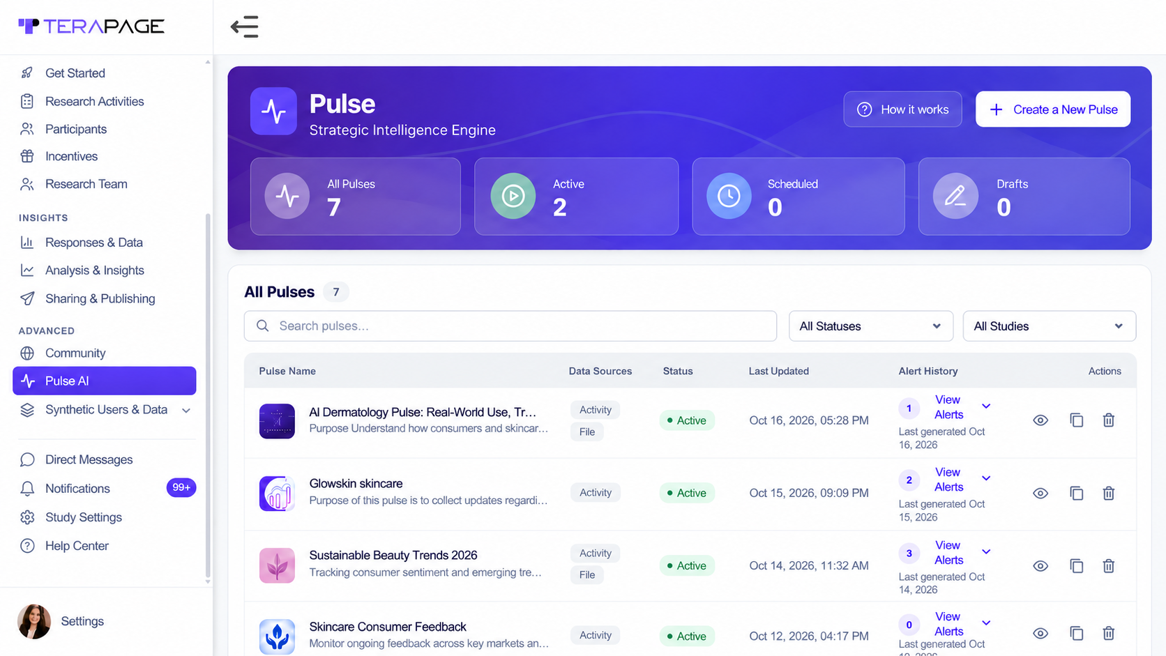 Terapage Pulse workspace showing all, active, scheduled and draft Pulses with their data sources, status and alert history