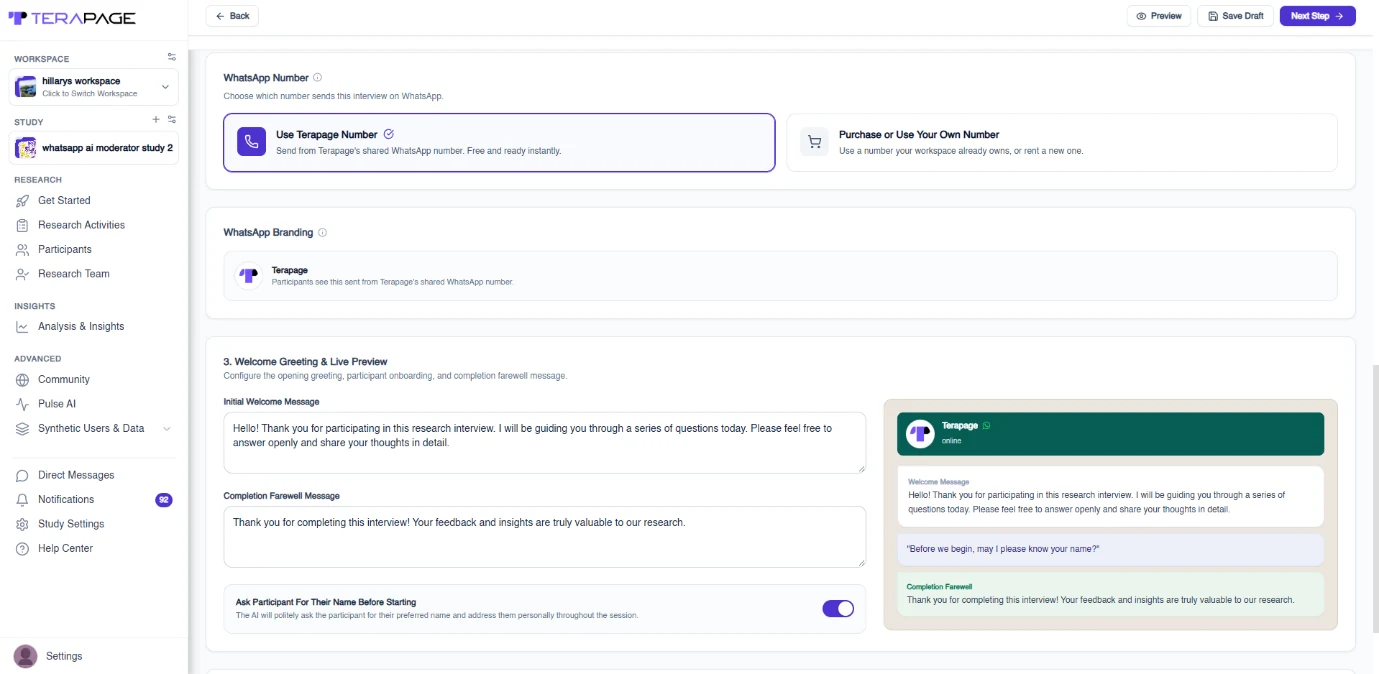 Selecting Terapage's WhatsApp contact number used to message participants during AI-moderated interviews