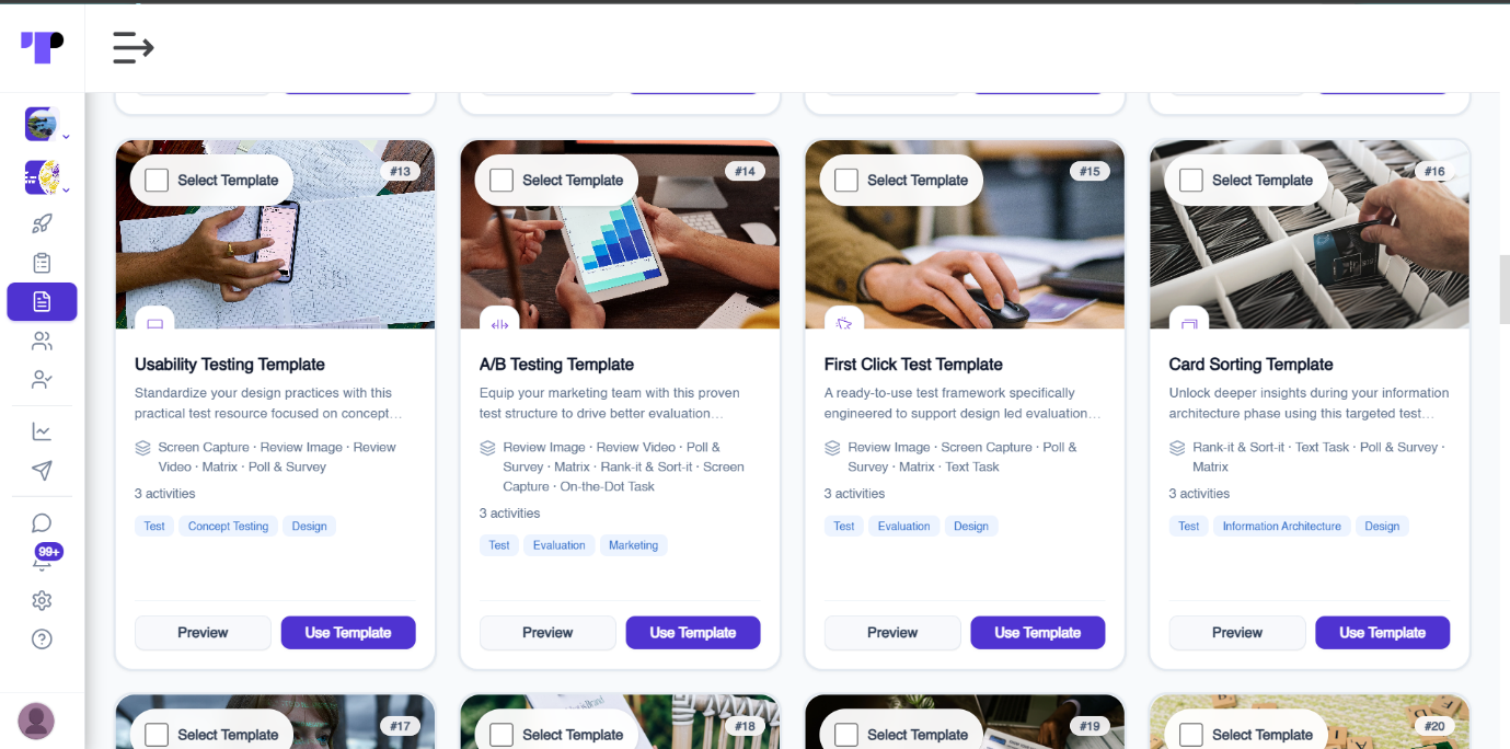 User research templates in Terapage including usability testing, A/B testing, first click test and card sorting templates
