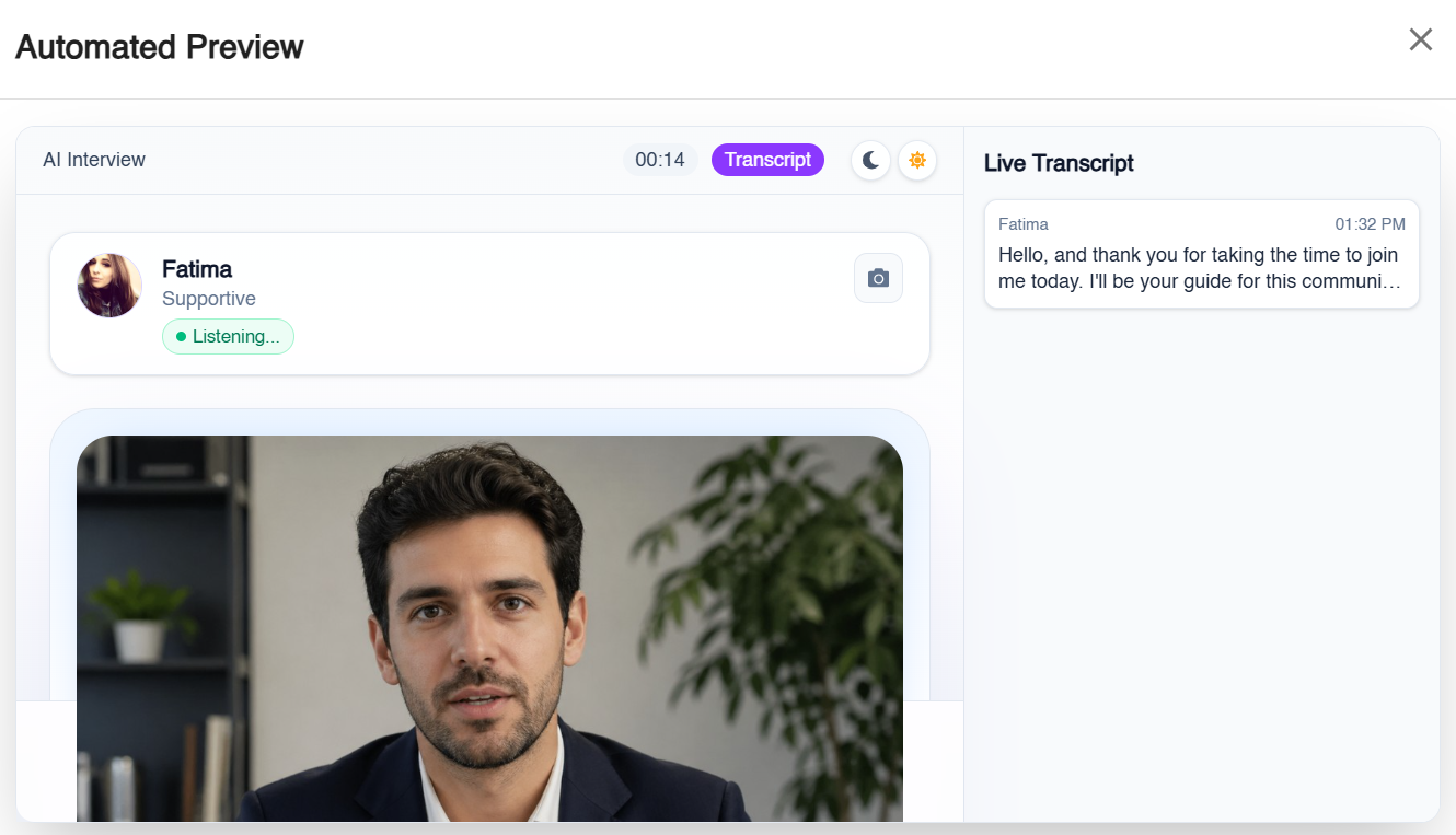 Automated preview of a video-based AI-moderated interview with the AI moderator listening and a live transcript
