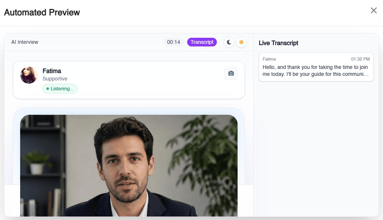 Automated preview of a video-based AI-moderated interview with the AI moderator listening and a live transcript panel