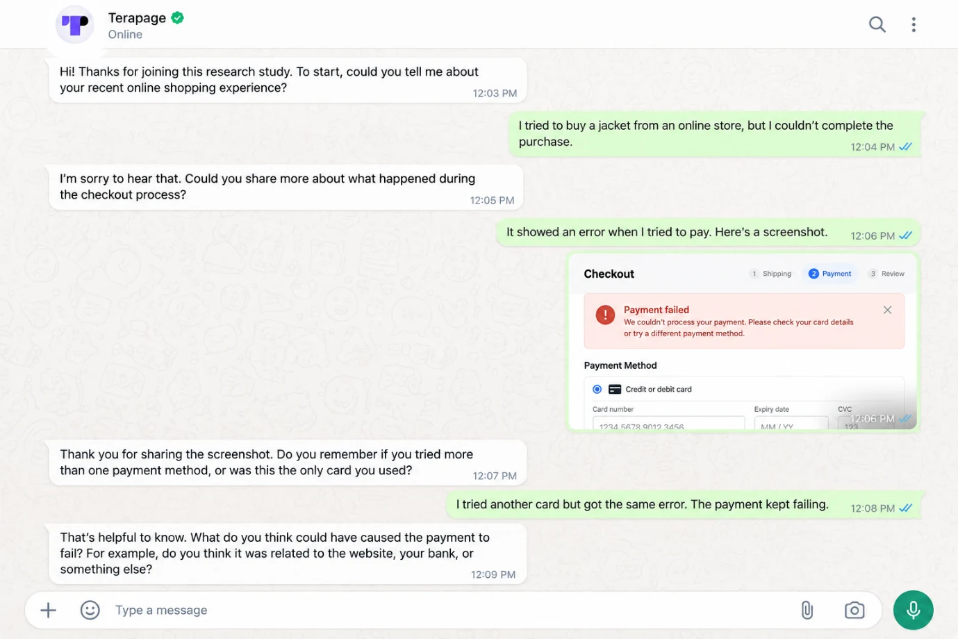 WhatsApp conversation in which an AI moderator probes a participant about a failed online payment after they share a checkout screenshot