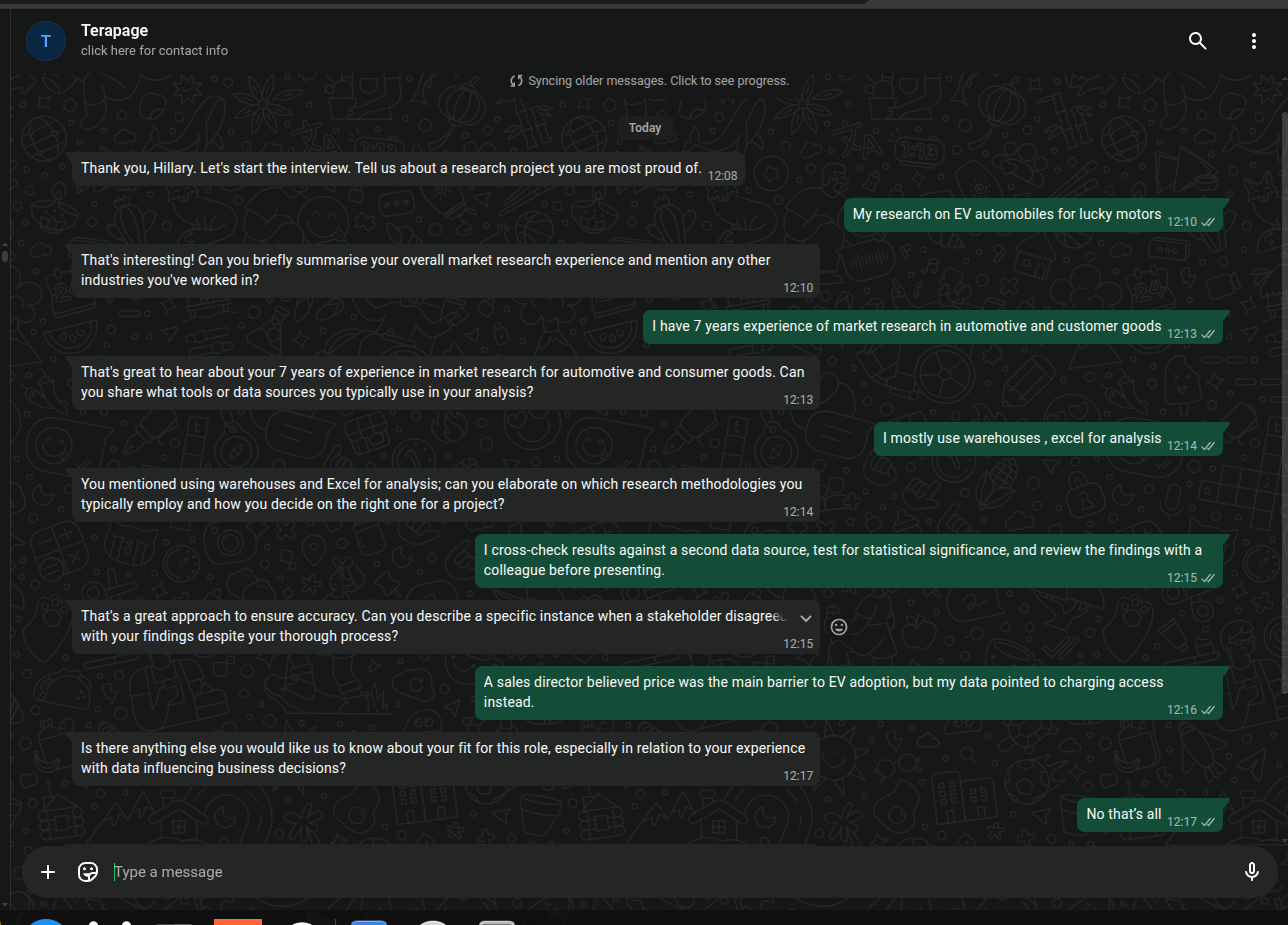 AI-moderated text interview on WhatsApp in which an AI agent screens a candidate with questions and follow-up probes