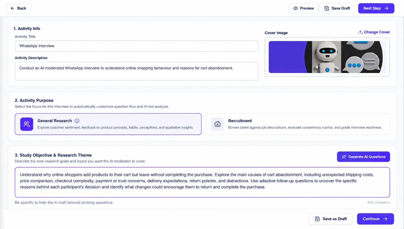 Research objective set-up for an AI-moderated WhatsApp interview on online cart abandonment, with adaptive probing on checkout barriers, pricing, trust, delivery and returns