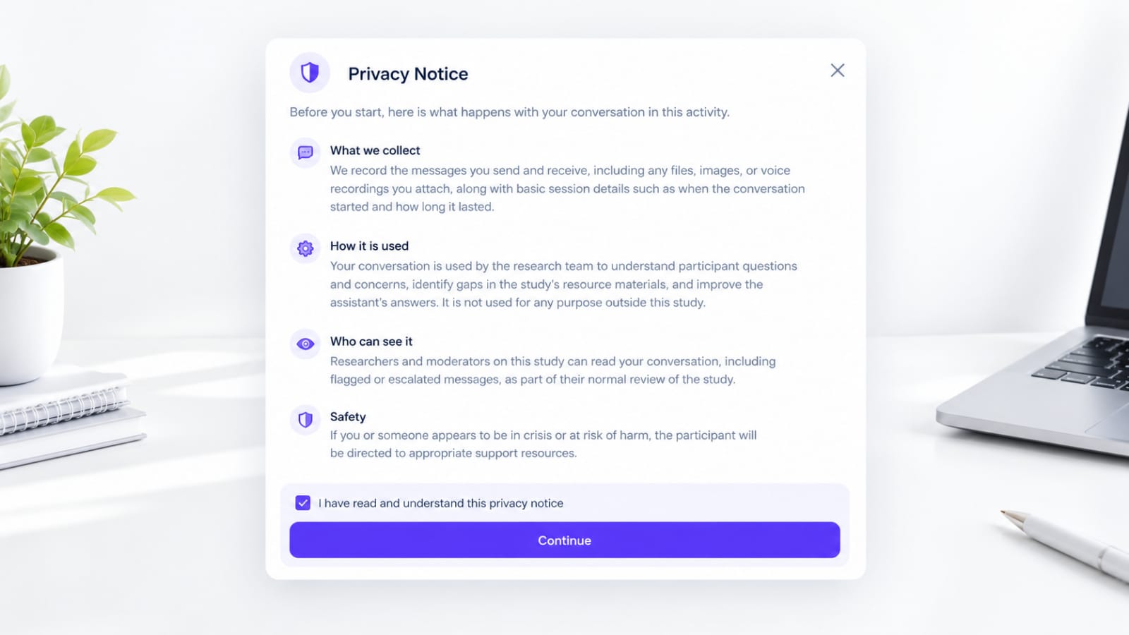 Participant consent screen for the AI Chat Assistant activity on Terapage