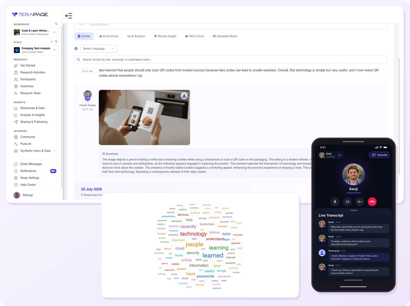 Terapage feature collage with a journal image entry and AI summary, full navigation sidebar, response word cloud and mobile voice interview with live transcript