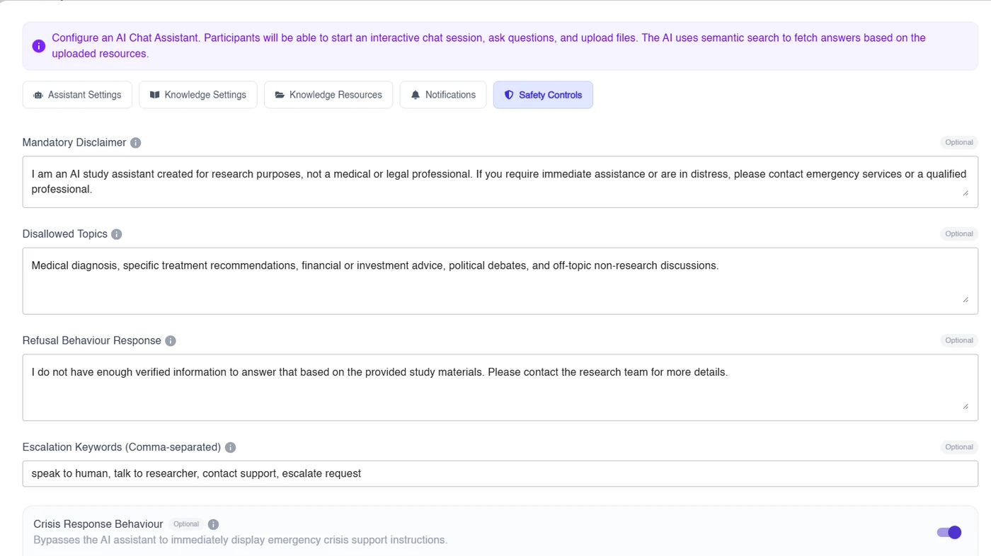 AI Chat Assistant safety controls with disclaimer, disallowed topics and escalation keywords in Terapage
